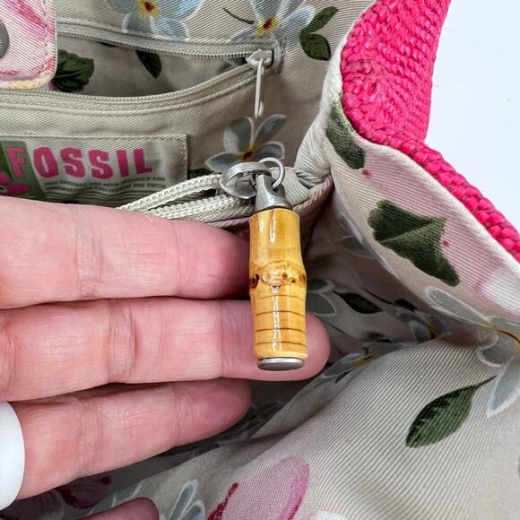 Fossil Bamboo Wooden Handle Woven Satchel Coral Salmon Pink Purse Hand Bag - Picture 6 of 11
